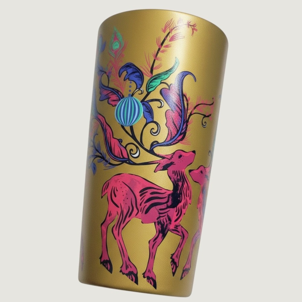 NEW Starbucks Traveler Mug 12oz Pink Deer Two Deers Gold Holiday Ceramic Tumbler